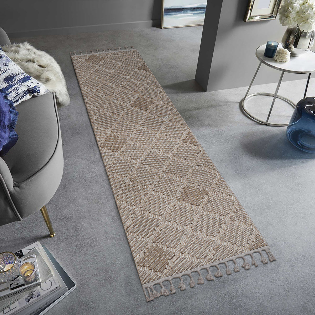Guros 2X8 Cream Trellis Indoor Outdoor Runner Rug