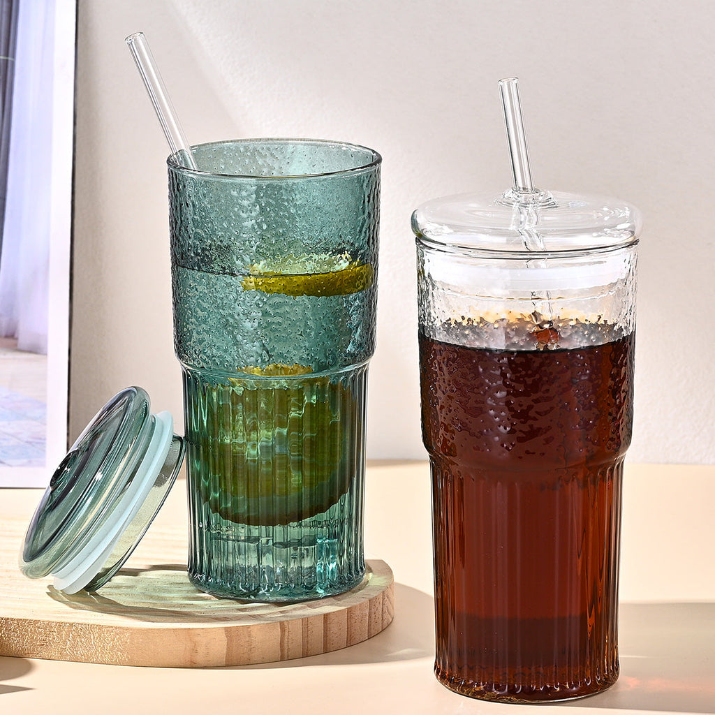20 Oz 2-pack Green Glass Straw Cup With Vertical Pattern Cup And Lid