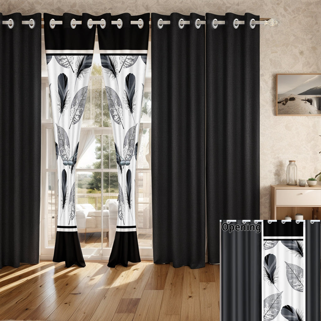 9-Piece Black And White Feather Bedspread And Curtain Set, Reversible