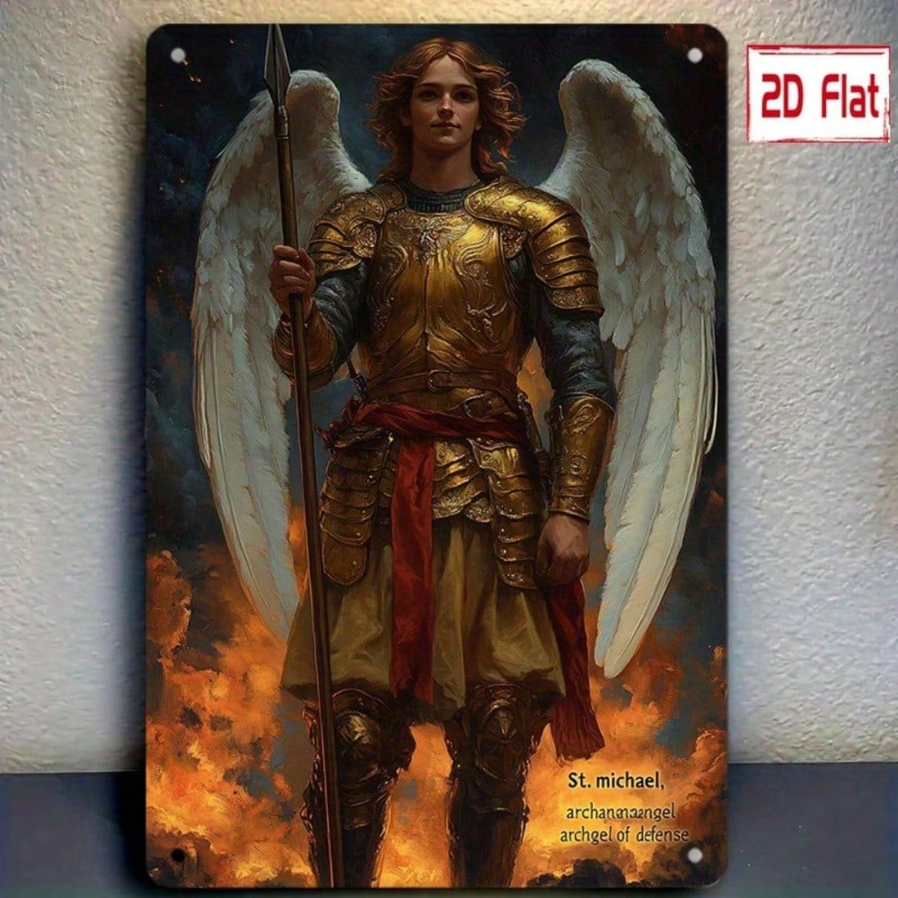 Archangel Wall Plaque Golden Armor Angel Medal, Spear Shield Religious