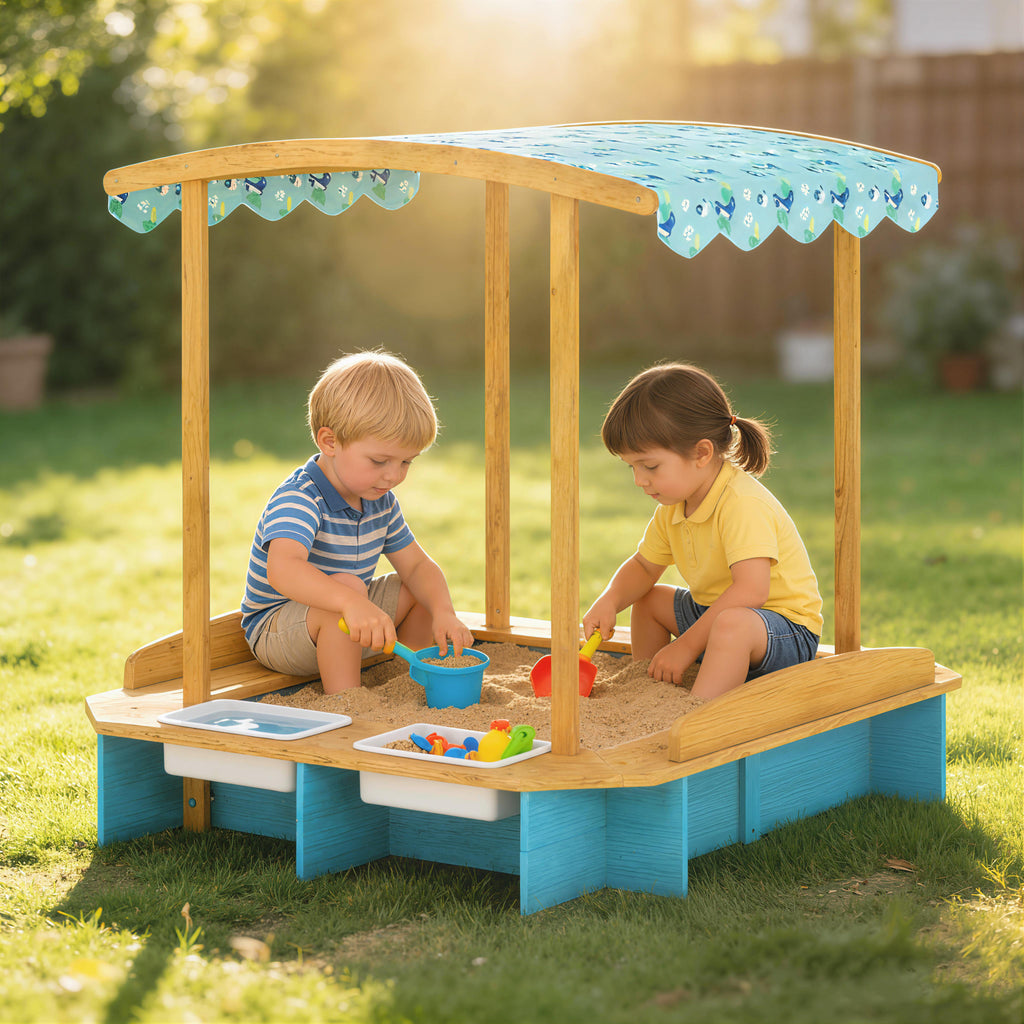 Wooden Sandbox With Dinosaur Print Canopy Kids Sandbox Outdoor