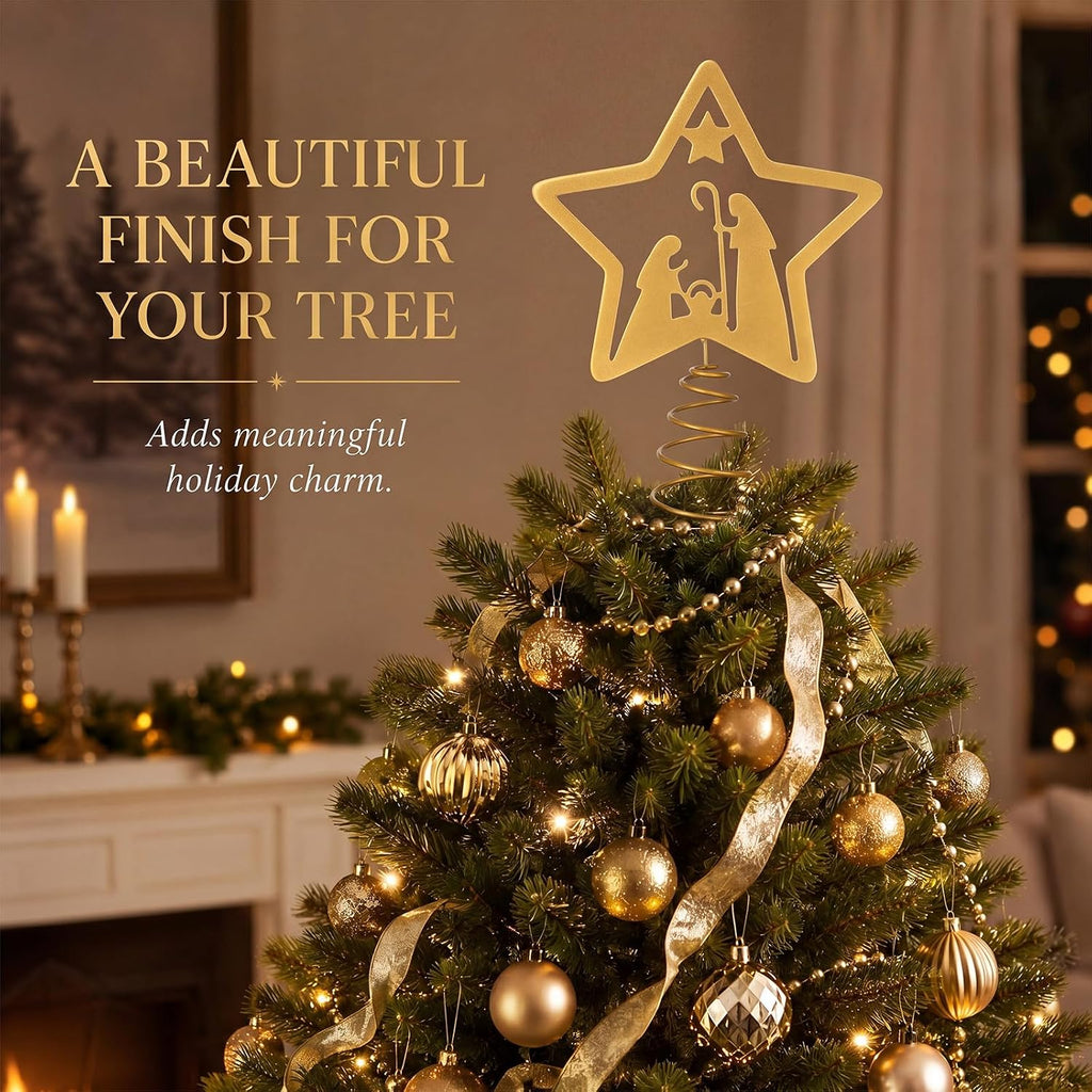 Nativity Christmas Tree Topper, Metal Star With Nativity Scene Design