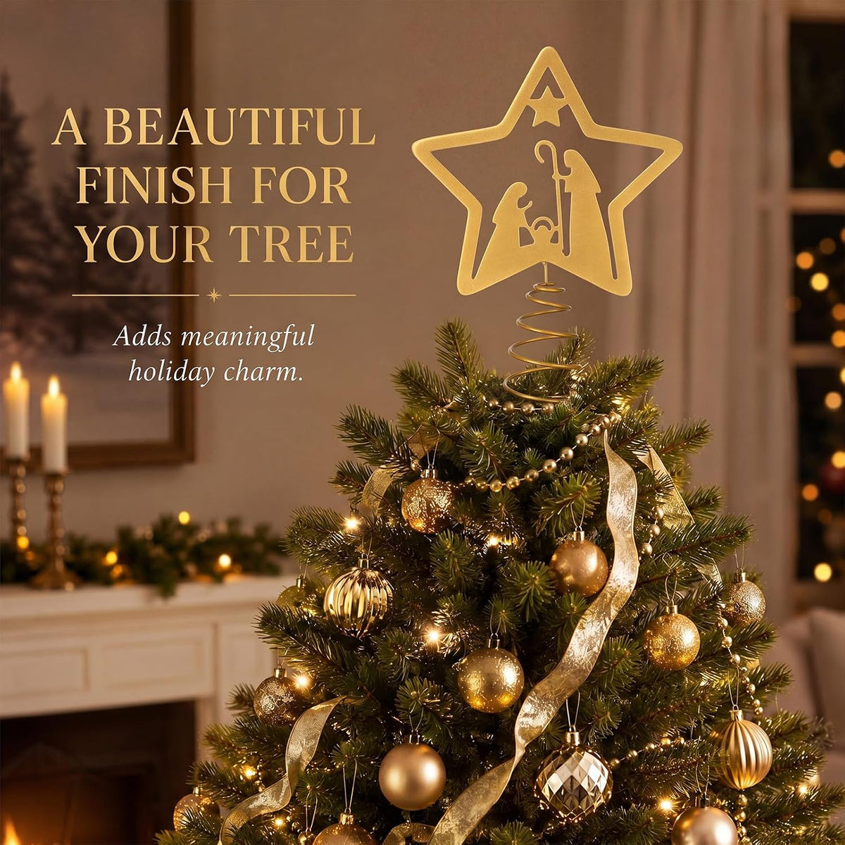 Nativity Christmas Tree Topper, Metal Star With Nativity Scene Design