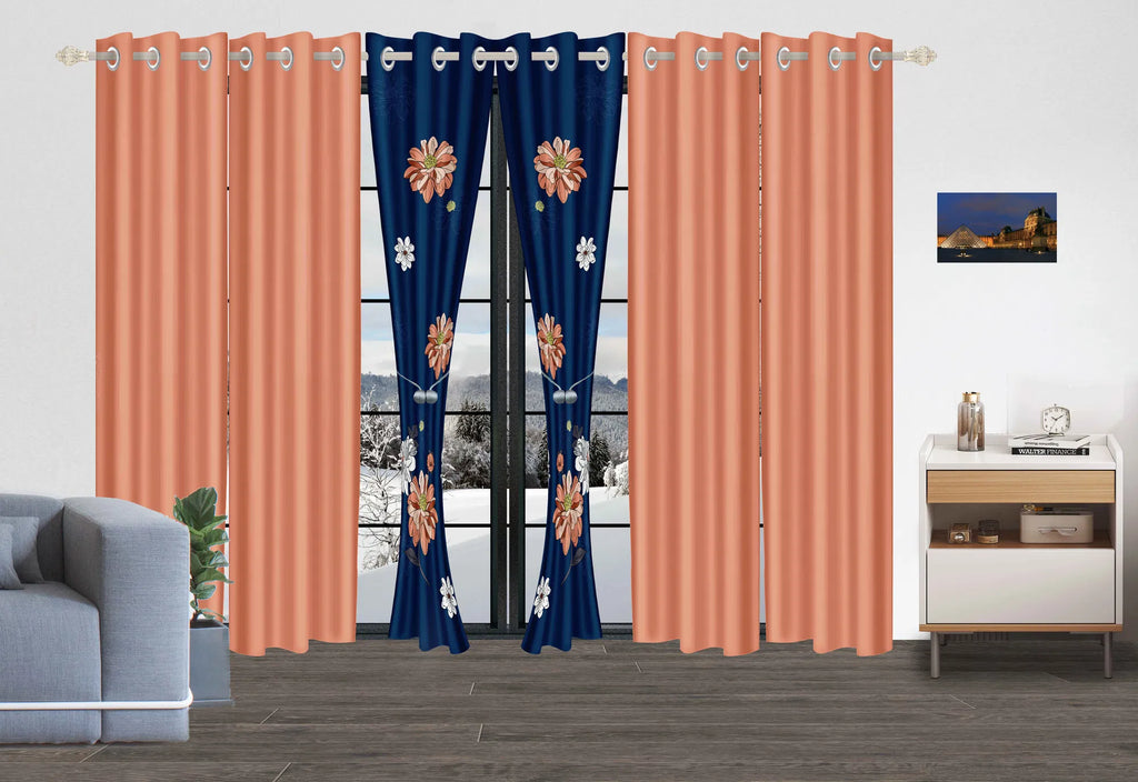9-Piece Navy & Coral Floral Bedding & Curtain Set - Quilted Microfiber