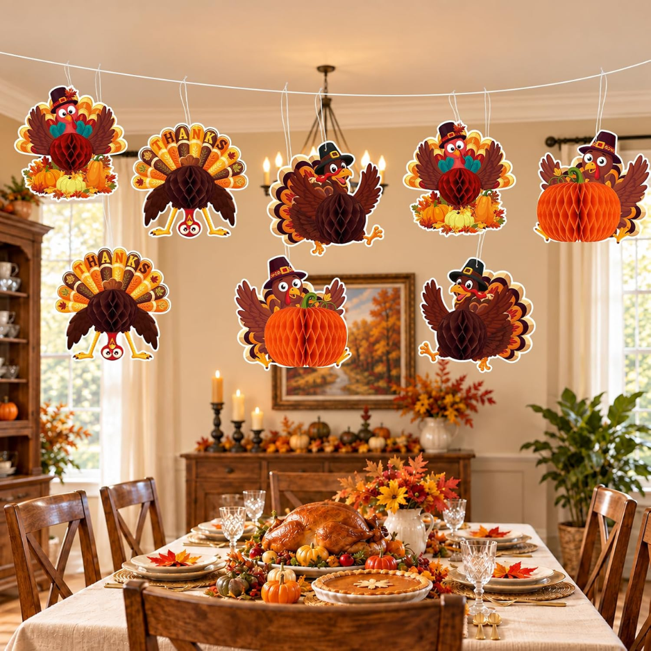 8 PCS Thanksgiving Party Decorations Hanging Paper Turkey Honeycomb