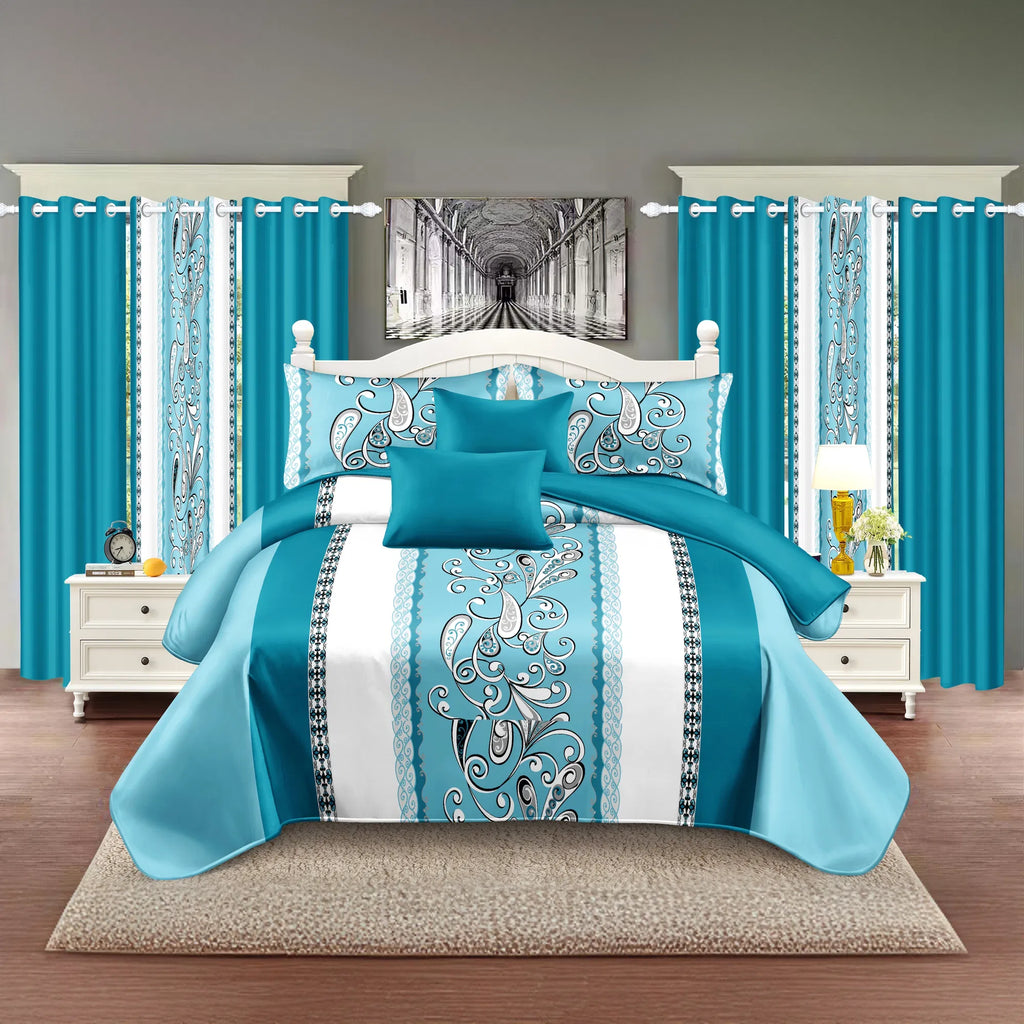 9-Piece Turquoise Paisley Bedding & Curtain Set - Quilted Microfiber