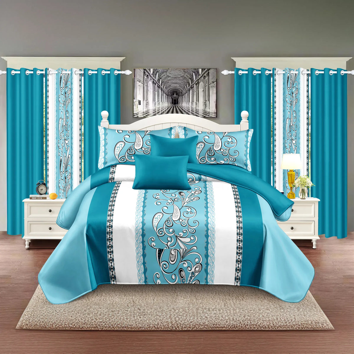 9-Piece Turquoise Paisley Bedding & Curtain Set - Quilted Microfiber