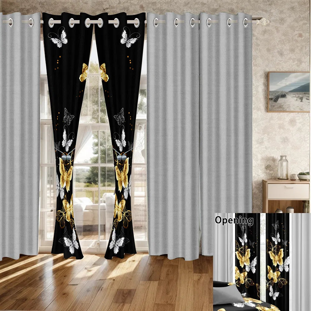 9-Piece Black & Gold Butterfly Bedding & Curtain Set - Quilted
