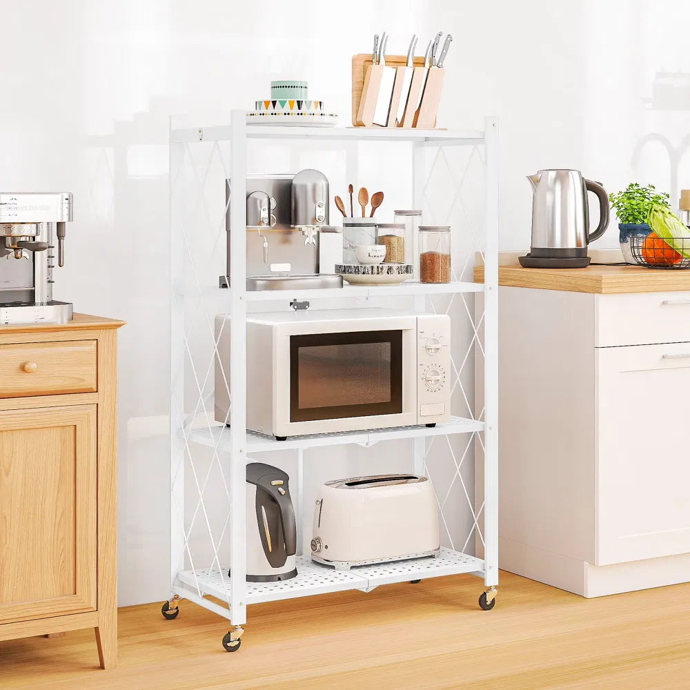 4-Tier Foldingstorageshelves With Wheels, Foldable Metal Rack