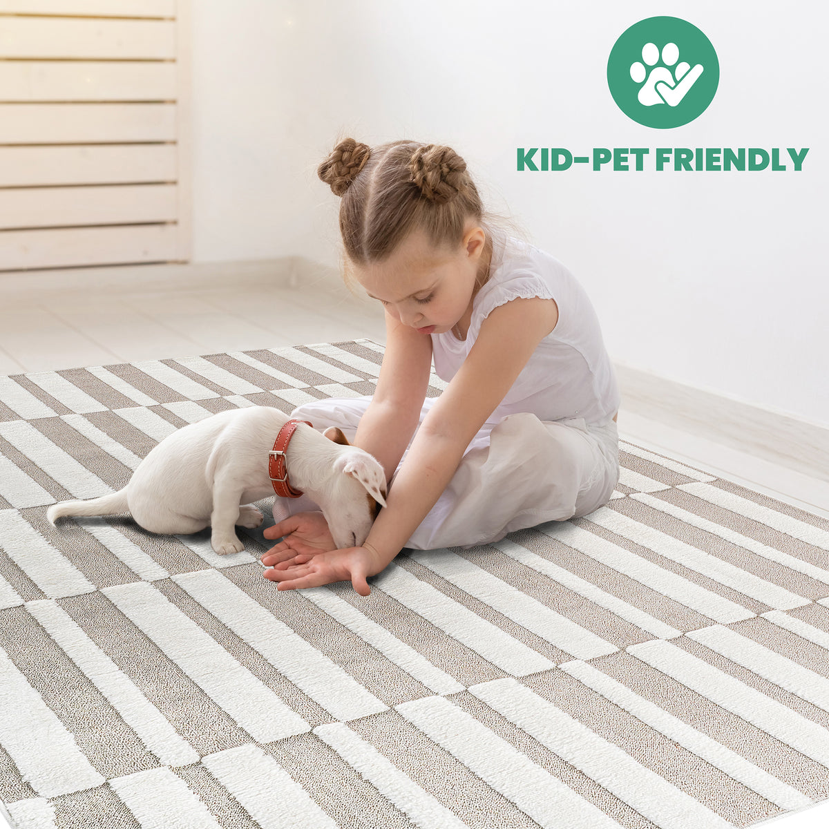 Step Collection High-low Striped Beige Cream Indoor Area Rug, 2'x3'