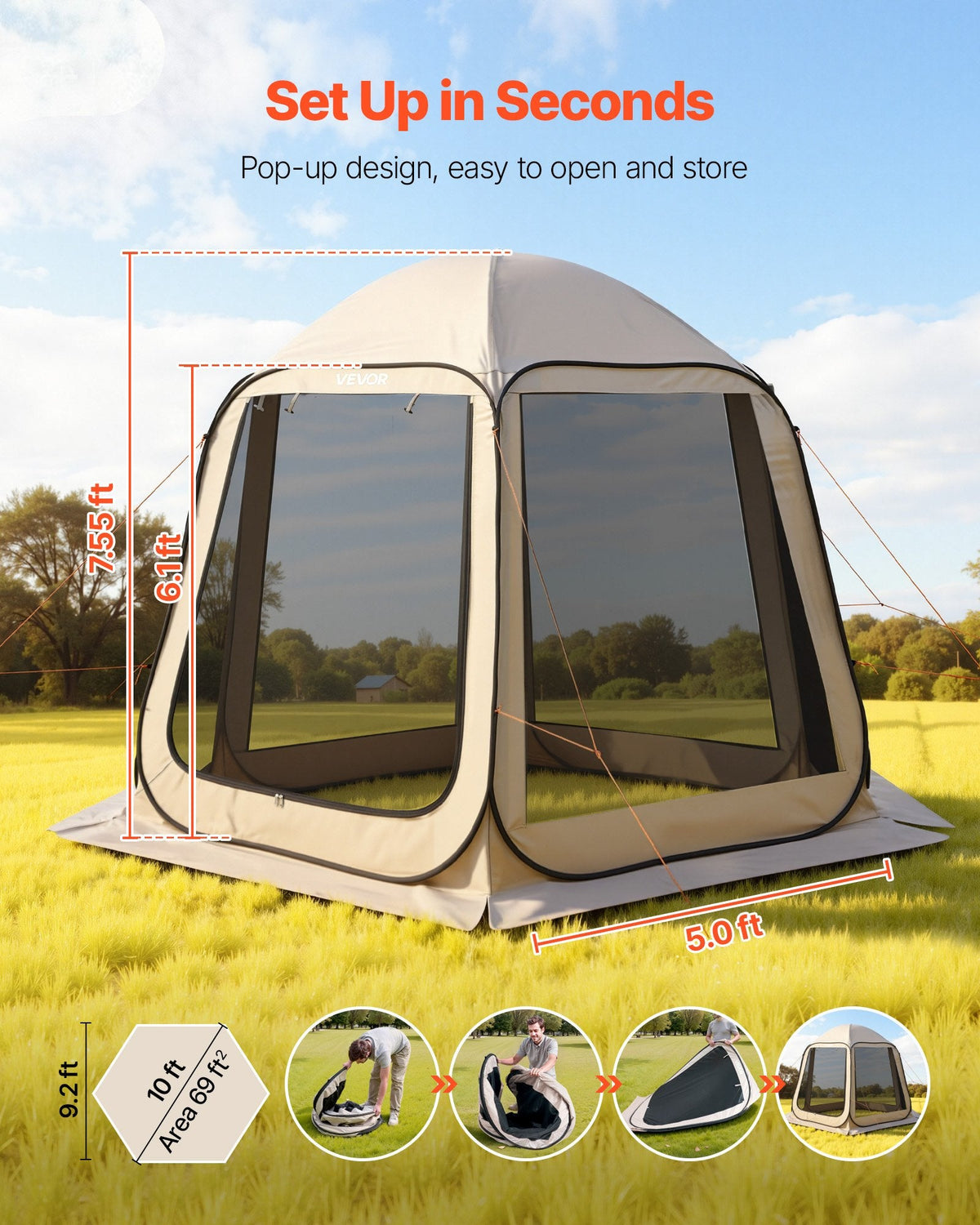 Screen House Tent, 6 X 6 Ft, 4-6 Person Pop Up Screen Tent