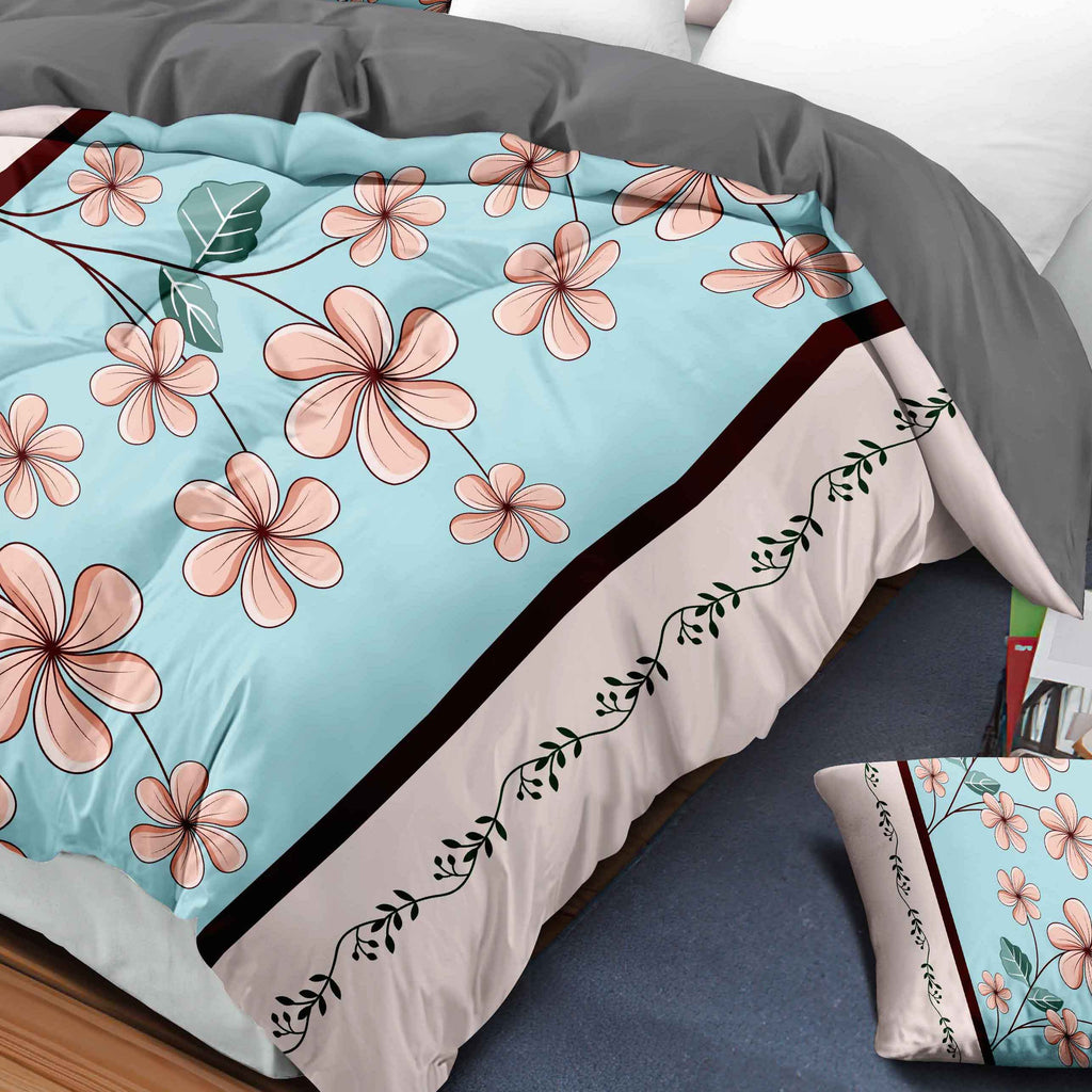 9-Piece Blue And Pink Gardenia Bedspread And Curtain Set, Reversible