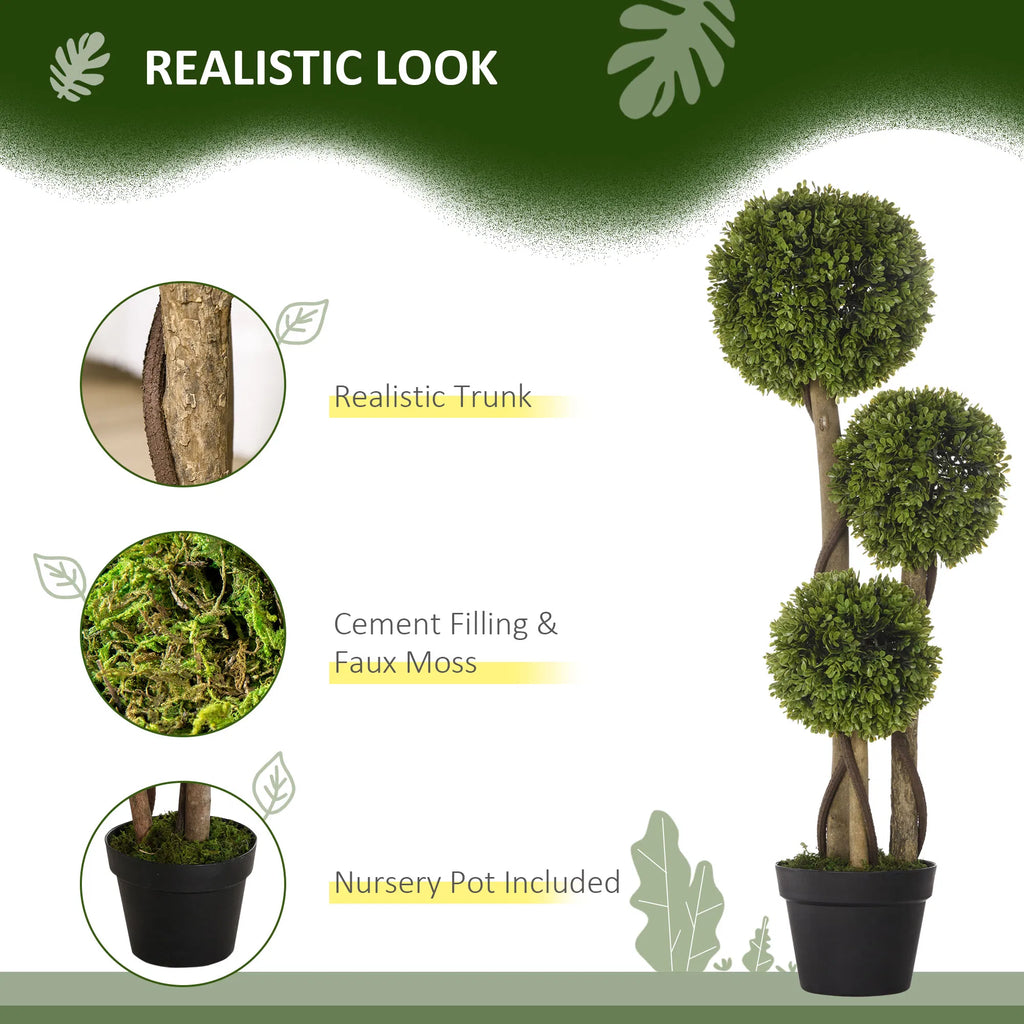 3FT Potted Fake Plant, Artificial Boxwood Topiary Tree, Triple Ball