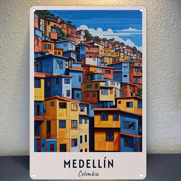 1pc Retro Medellin Colombia Travel Metal Tin Sign, Vibrant Hillside