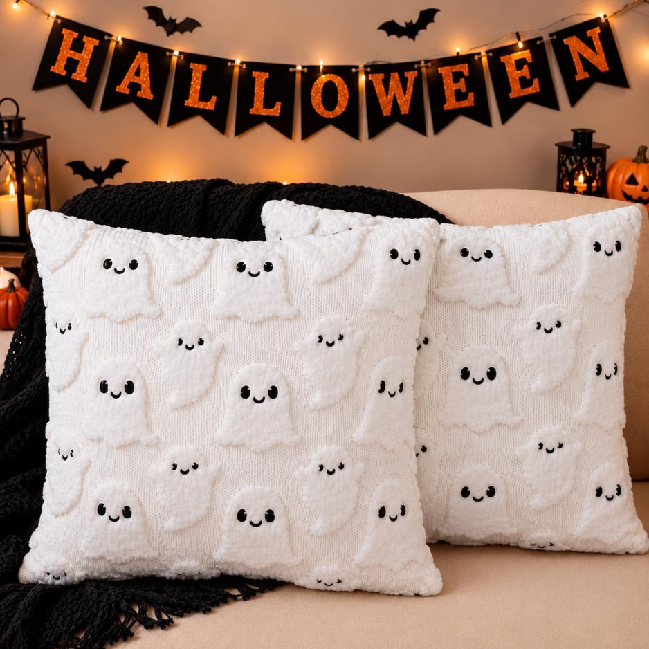 2PCS Halloween Pillow Covers, 18x18 Inch,white Ghost Decorative, Soft