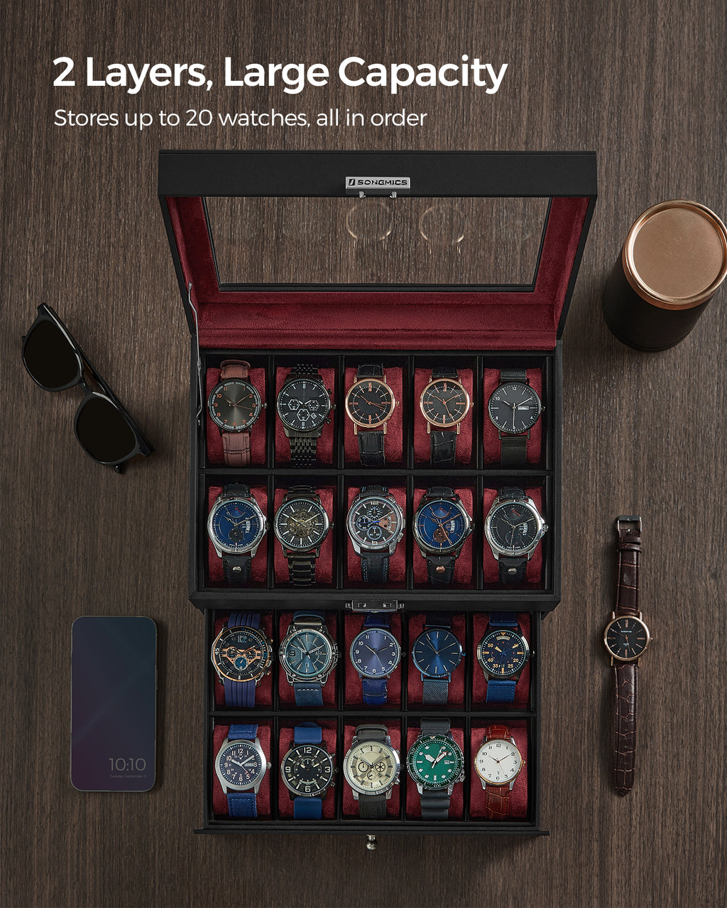 Songmics 20-Slot Watch Box, 2 Layers, Glass Lid, Lockable