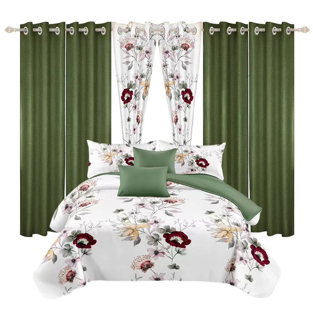 9-Piece Sage Green Watercolor Floral Bedding & Curtain Set - Quilted