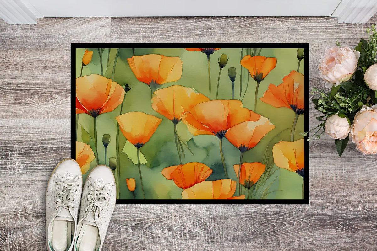 California Poppies In Watercolor Doormat Front Door Mat Indoor Outdoor