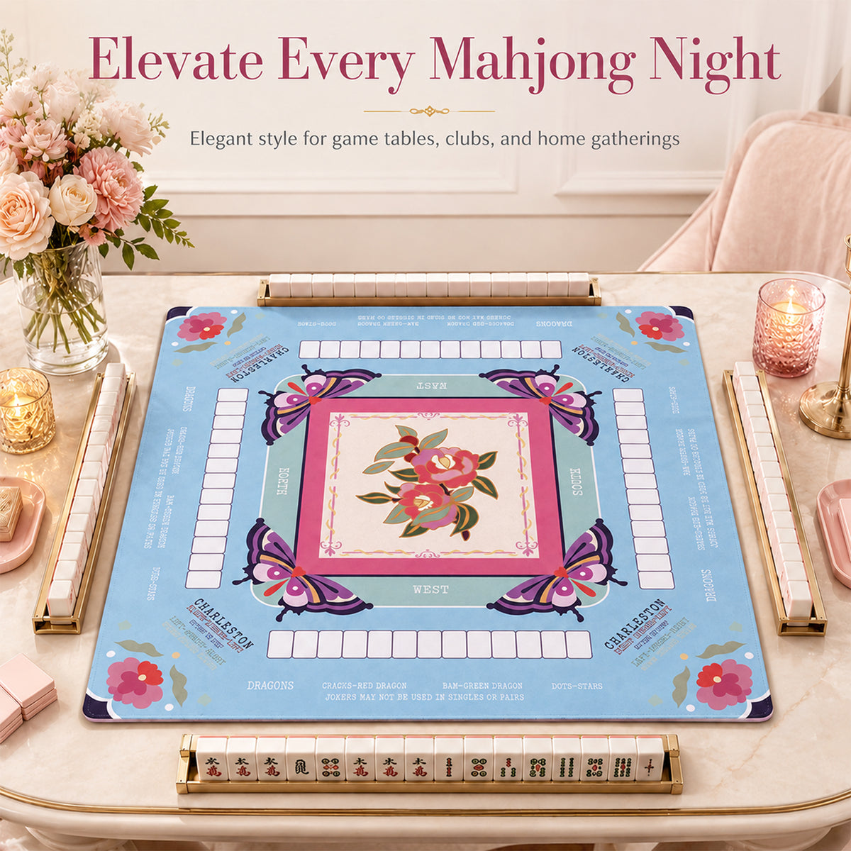 American Mahjong Playing Mat With Printed Charleston Guide, 80 X 80cm