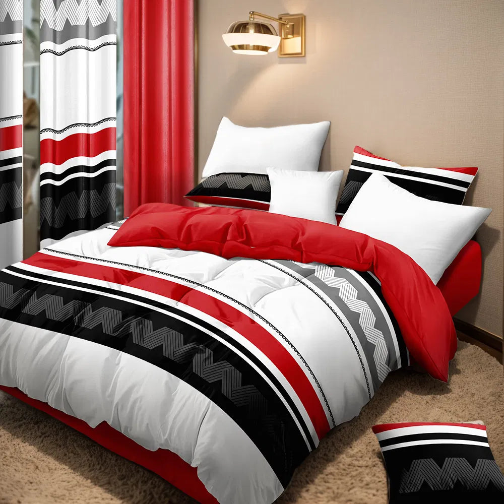 9-Piece Red & Geometric Zigzag Bedding & Curtain Set - Quilted