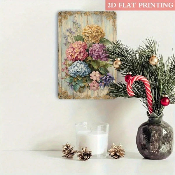 Vintage Metal Iron Sign Vibrant Hydrangea Bouquet With Golden Accents
