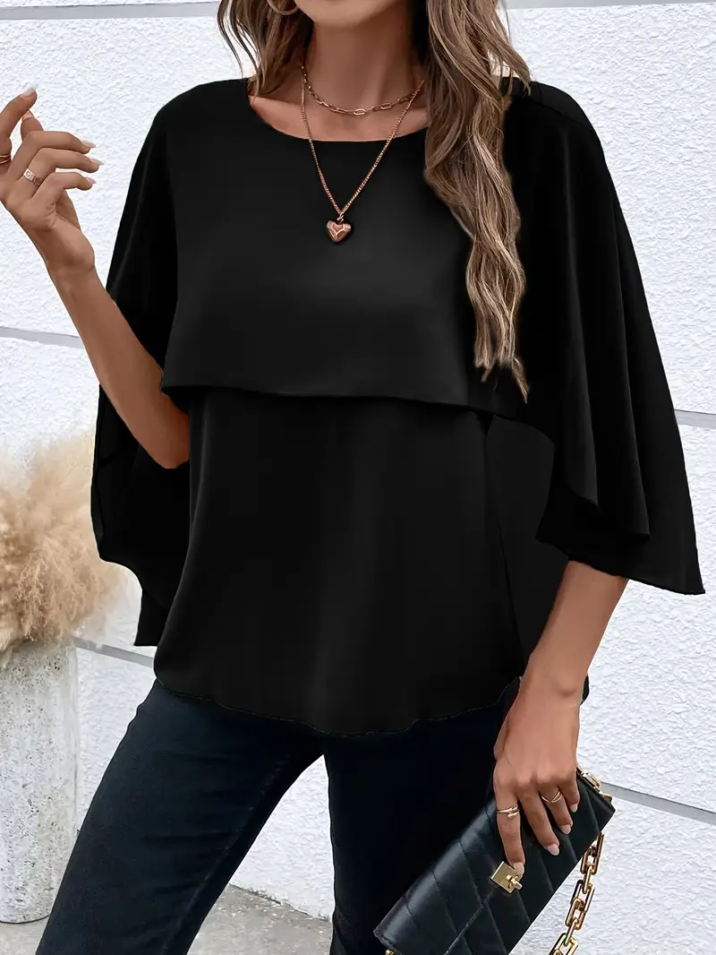 Solid Layered Cloak Sleeve Blouse, Versatile Crew Neck Blouse