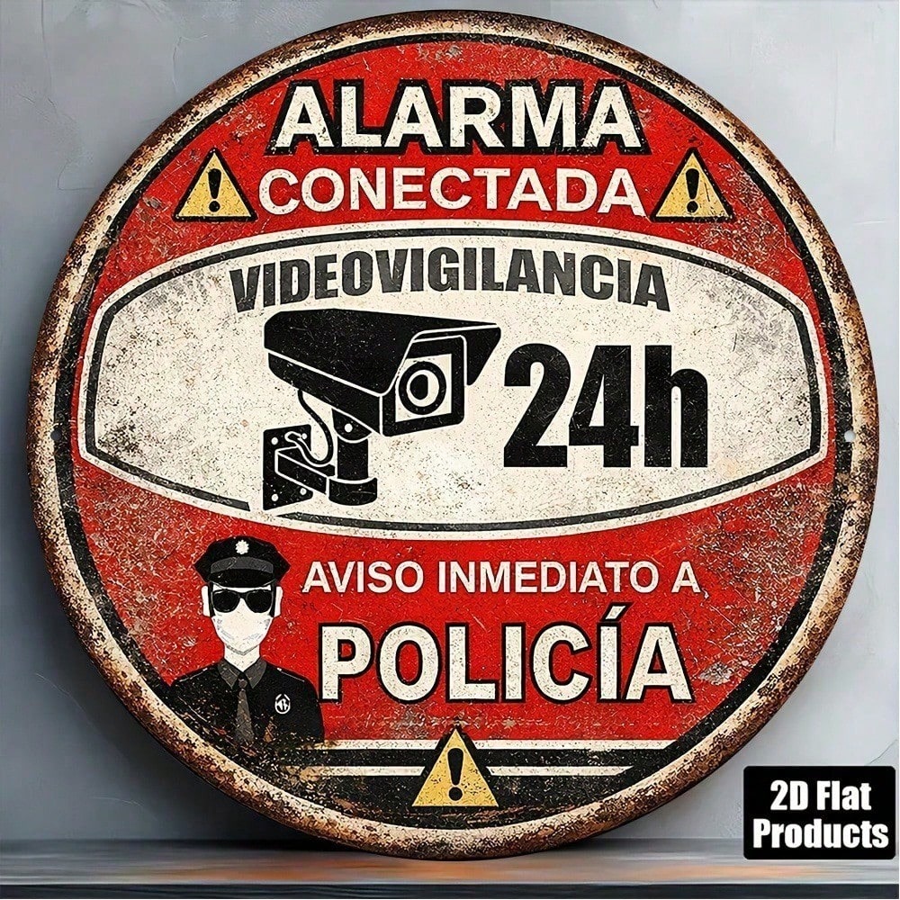 Vintage Spanish 24-Hour Video Surveillance Alarm Round Sign