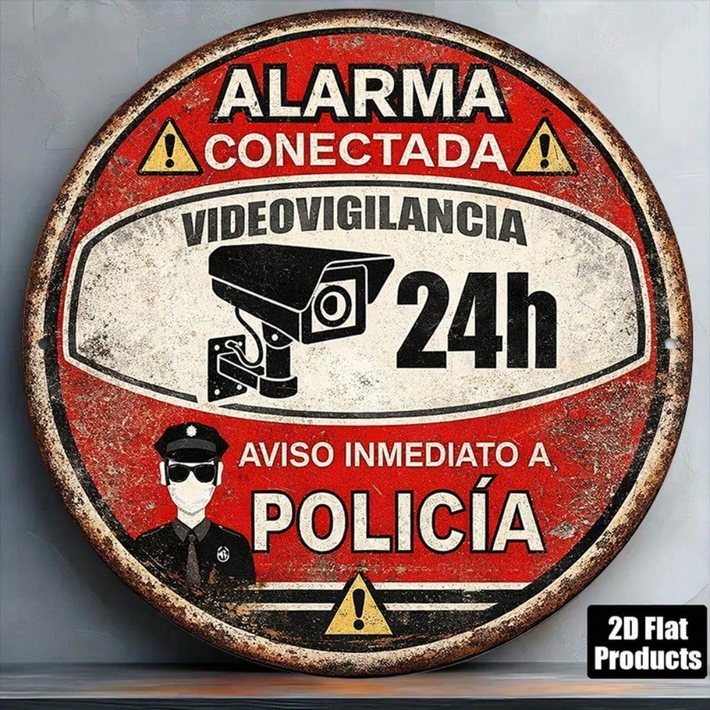 Vintage Spanish 24-Hour Video Surveillance Alarm Round Sign