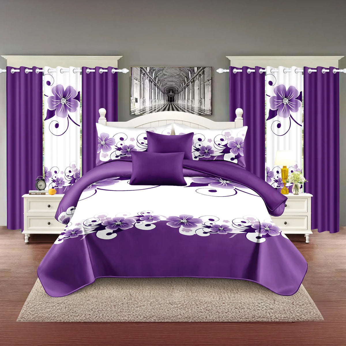 9-Piece Purple Floral Bedding & Curtain Set - Quilted Microfiber