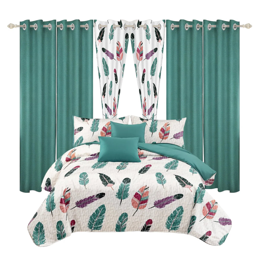 9-Piece Boho Feather Bedding & Curtain Set - Quilted Microfiber