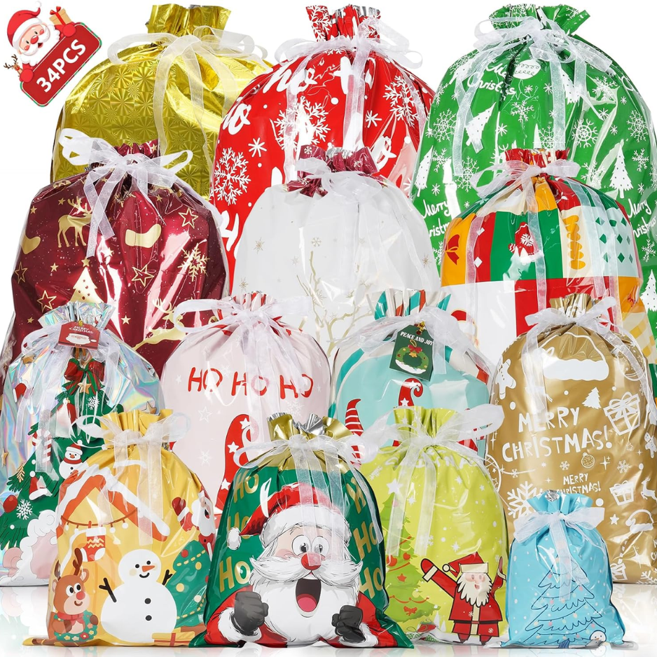 34PCS Christmas Gift Bags Set, Assorted Sizes Large Medium Small