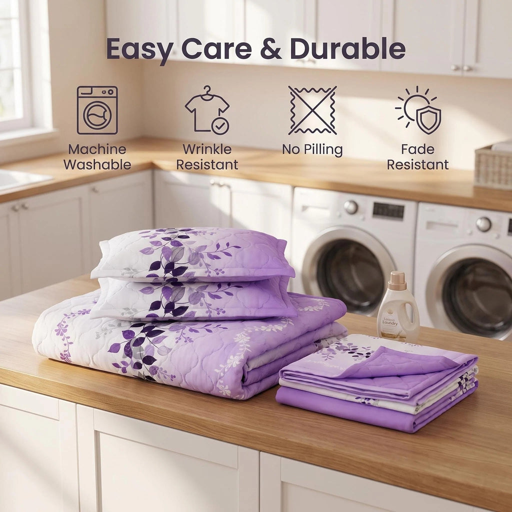 9-Piece Purple Floral Quilt And Curtain Set, Reversible Microfiber