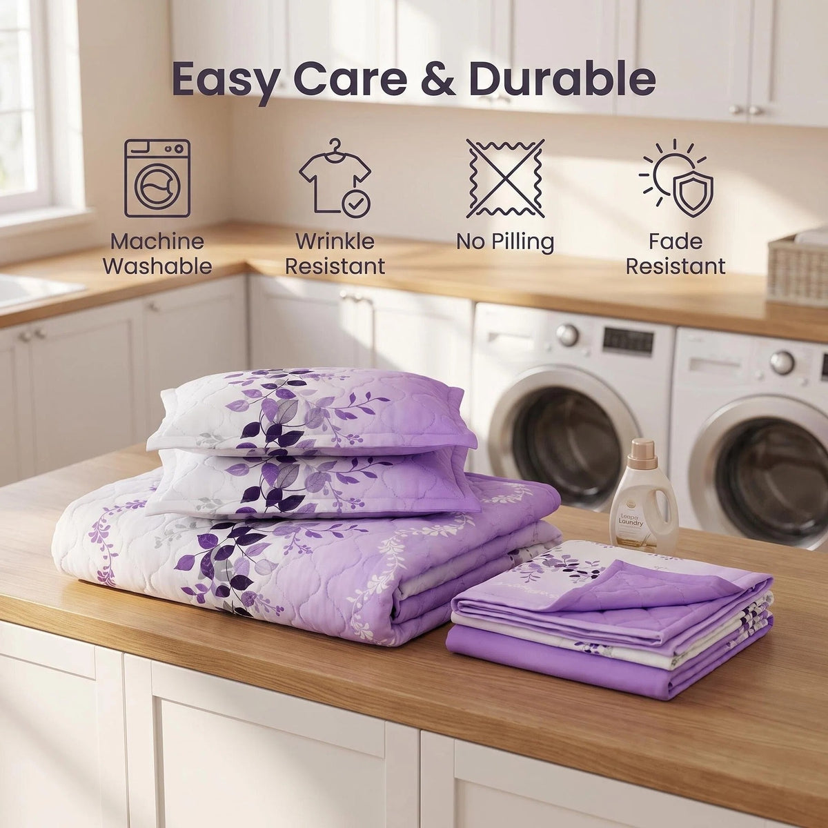 9-Piece Purple Floral Quilt And Curtain Set, Reversible Microfiber