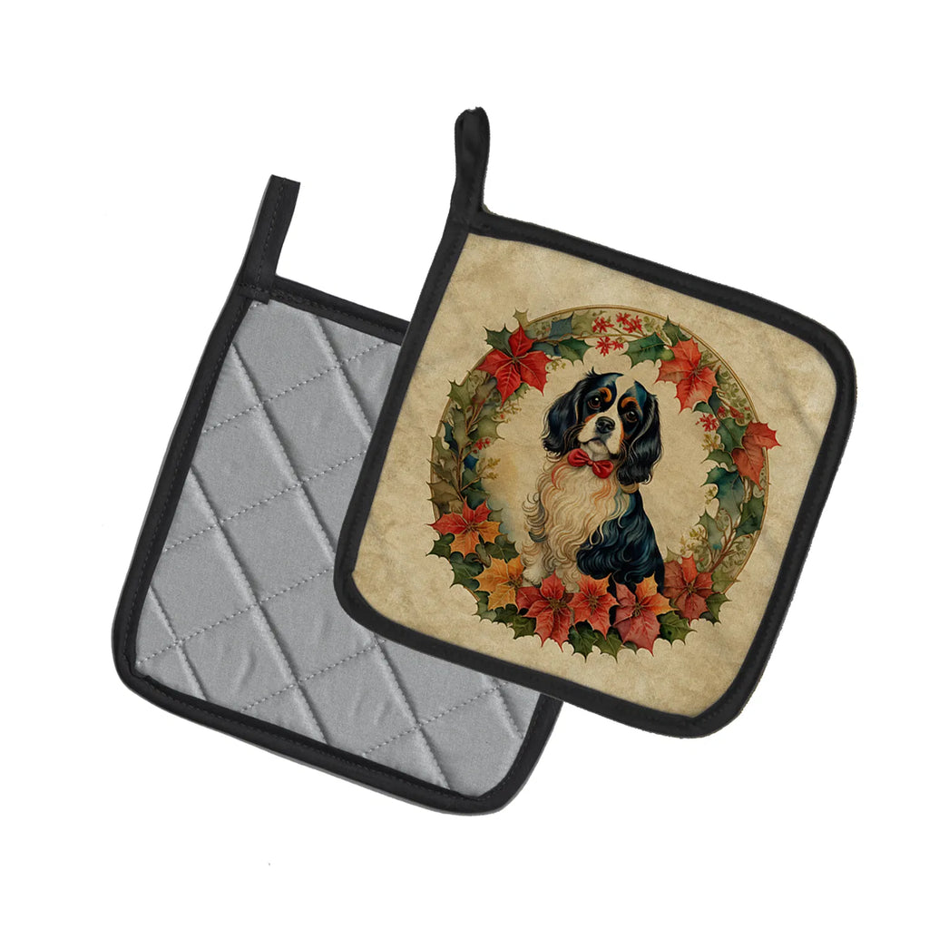 Cavalier Spaniel Christmas Flowers Pair Of Pot Holders Kitchen Heat