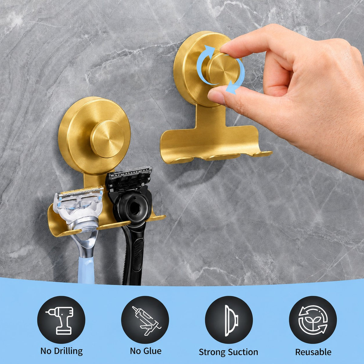 Suction Cup Razor Holder - Golden Finish, 2 Pack