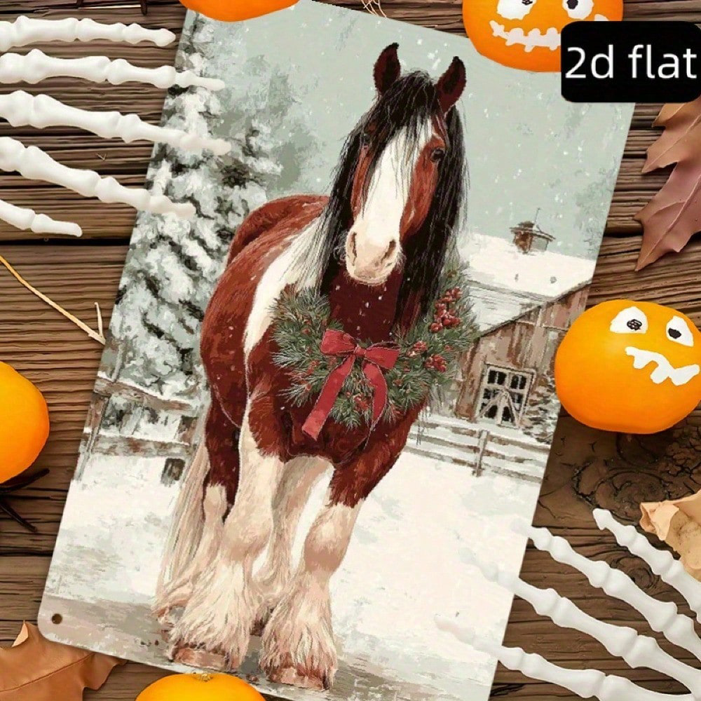 Vintage Christmas Horse Metal Tin Sign 8x12, Rustic Winter Red Ribbon