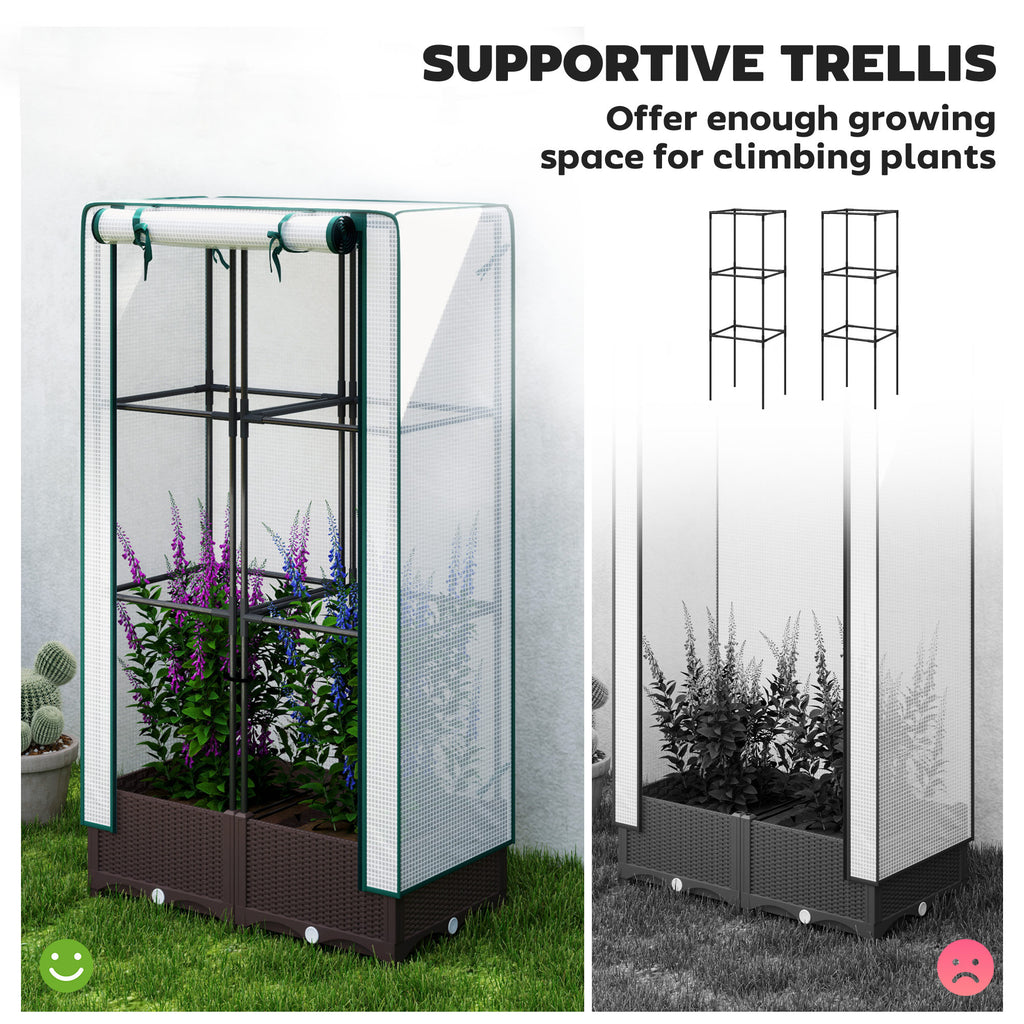 Garden Bed With Trellis, Outdoor Plant Box With PE Cover, Drainage