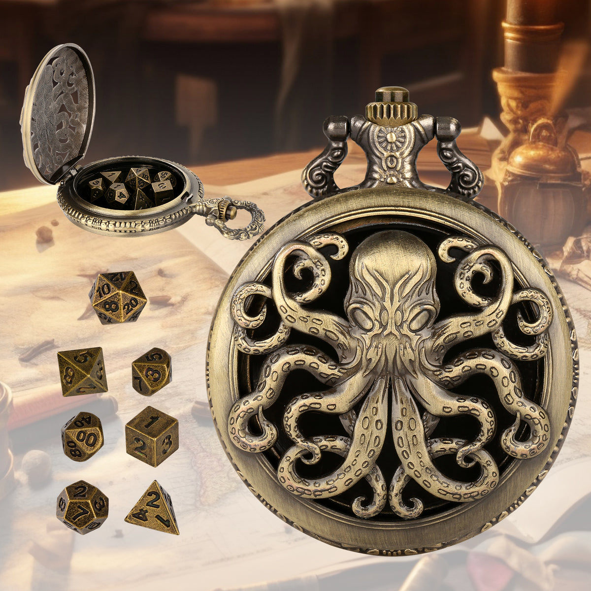 Thick Chain Octopus Symmetrical Pocket Watch Dice Set, Equipped