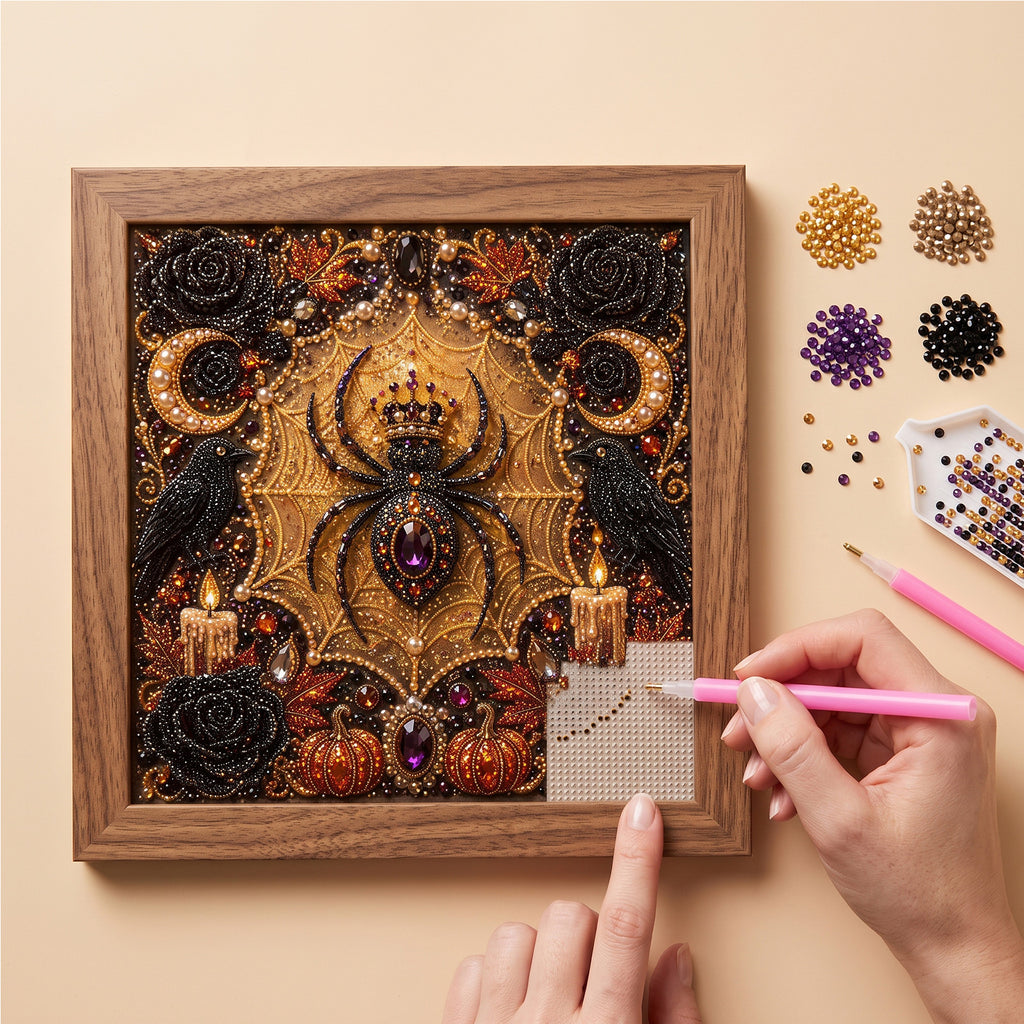 Halloween DIY Pearl Art Kit, 5D Diamond Spider Painting, Vintage Gothic