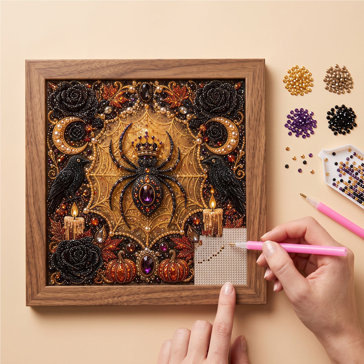 Halloween DIY Pearl Art Kit, 5D Diamond Spider Painting, Vintage Gothic