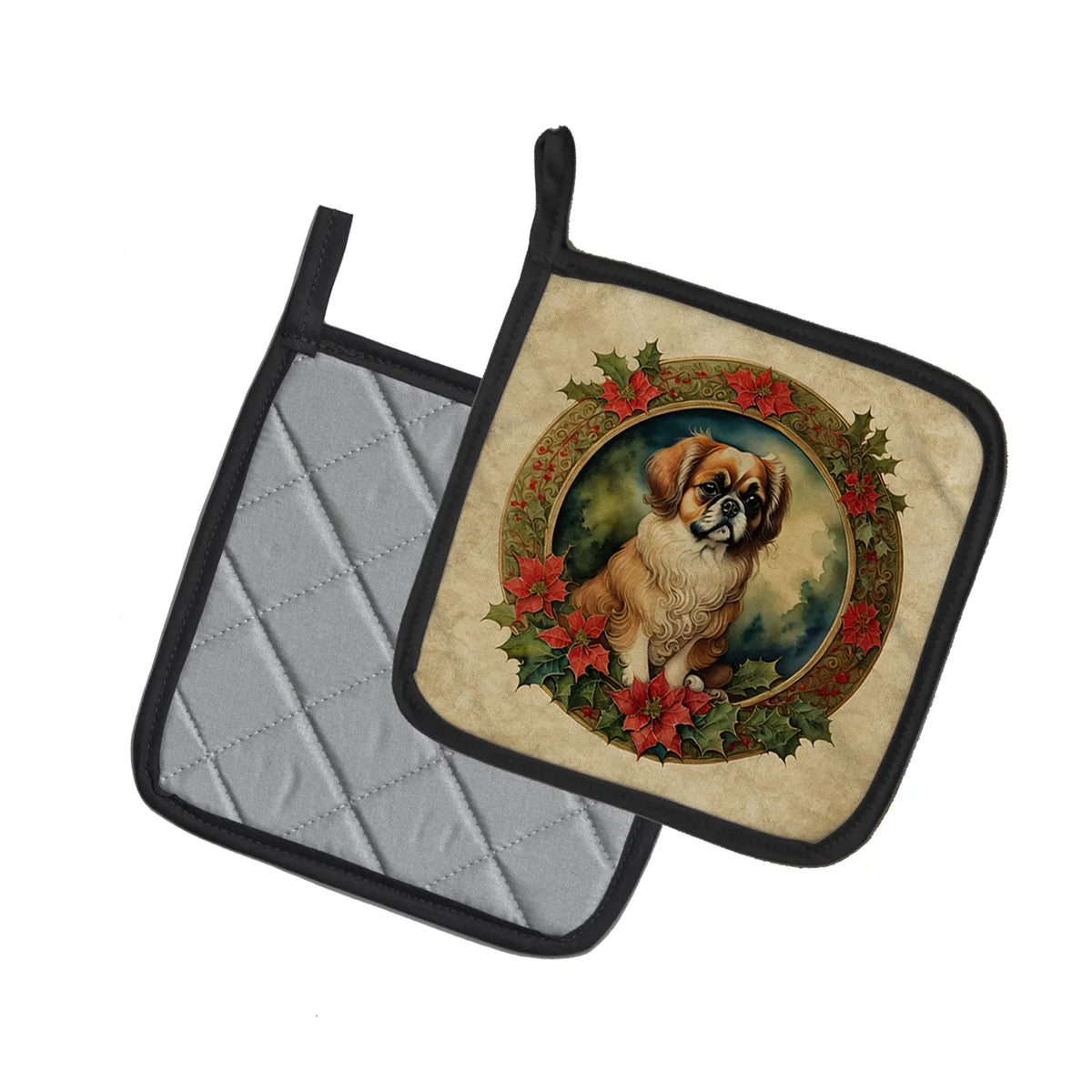 Tibetan Spaniel Christmas Flowers Pair Of Pot Holders Kitchen Heat