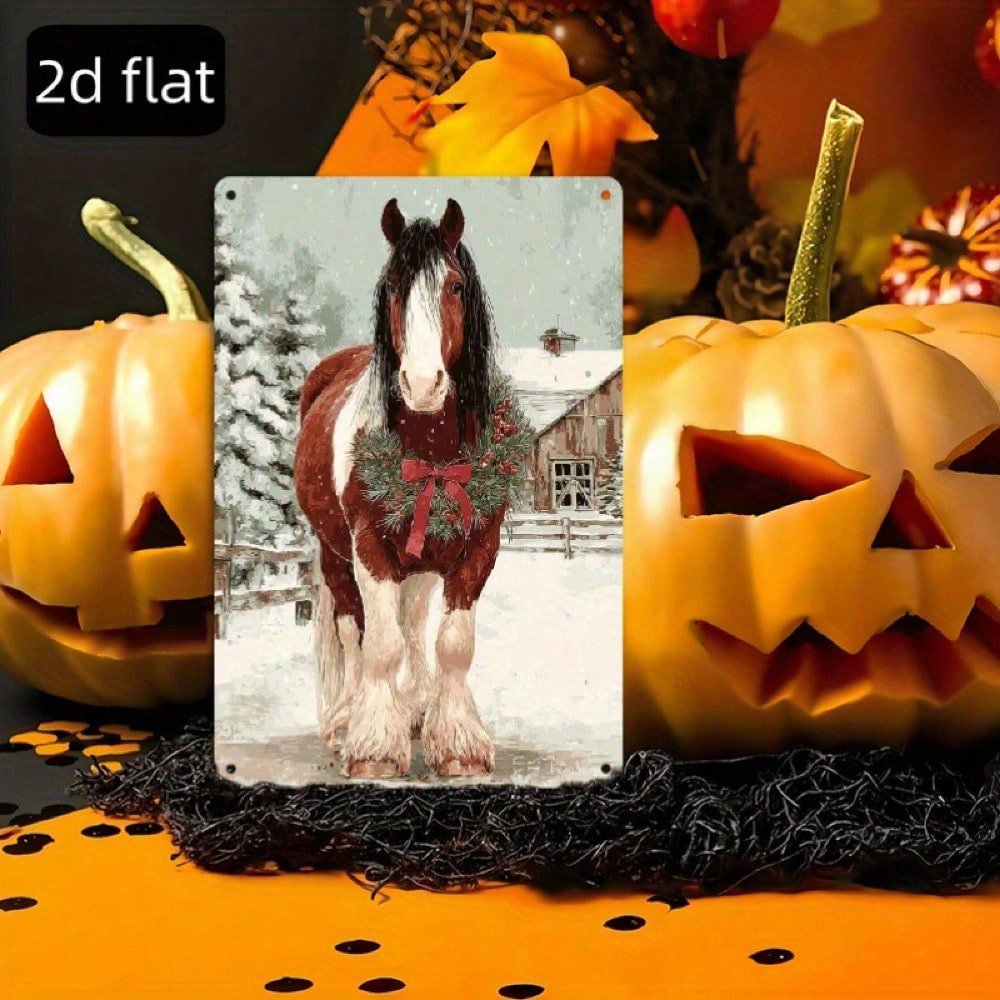 Vintage Christmas Horse Metal Tin Sign 8x12, Rustic Winter Red Ribbon