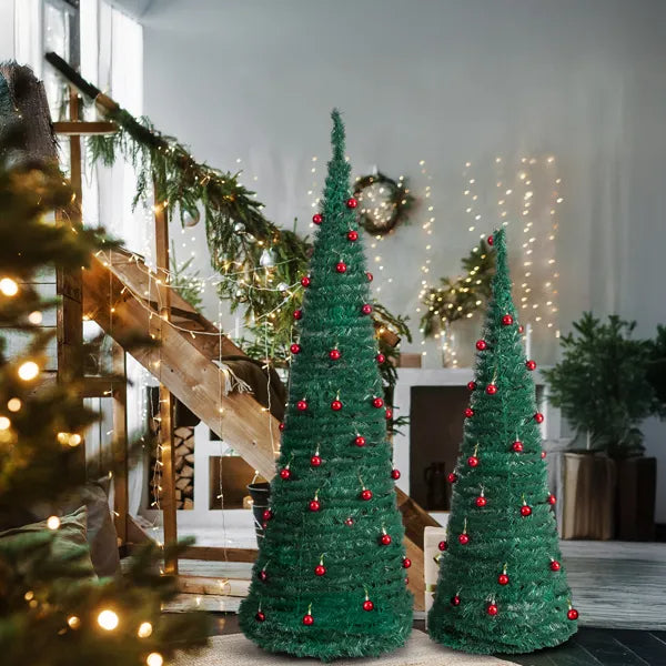 2 Pack, 6FT 5FT Artificial Up Christmas Tree With Red Ball Ornaments