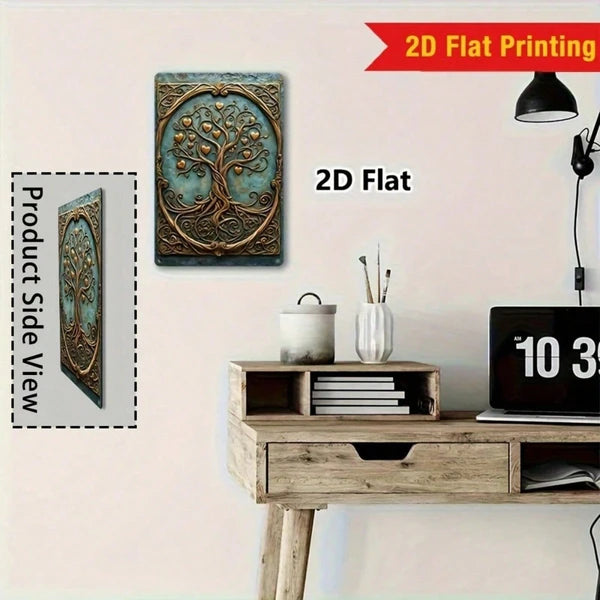 Vintage Tree Of Life Metal Wall Art, Turquoise Blue Golden Heart 2D