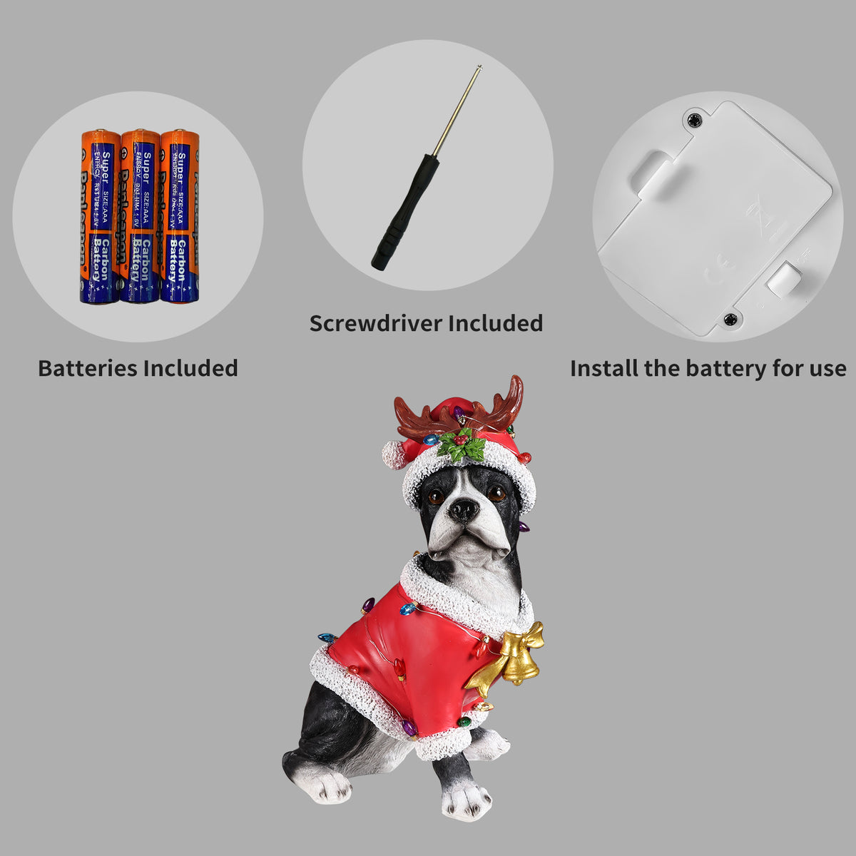 Christmas Boston Terrier Statue, Holiday Dog Figurine In Santa Outfit
