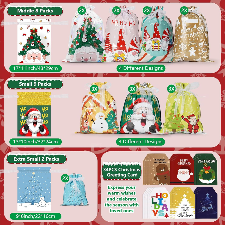 34PCS Christmas Gift Bags Set, Assorted Sizes Large Medium Small