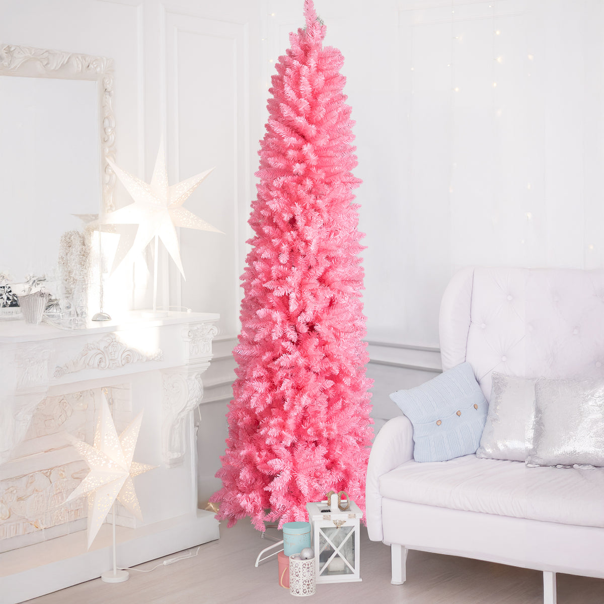 7.5 FT Hinged Christmas Tree, Artificial Pencil Christmas Tree, Unlit