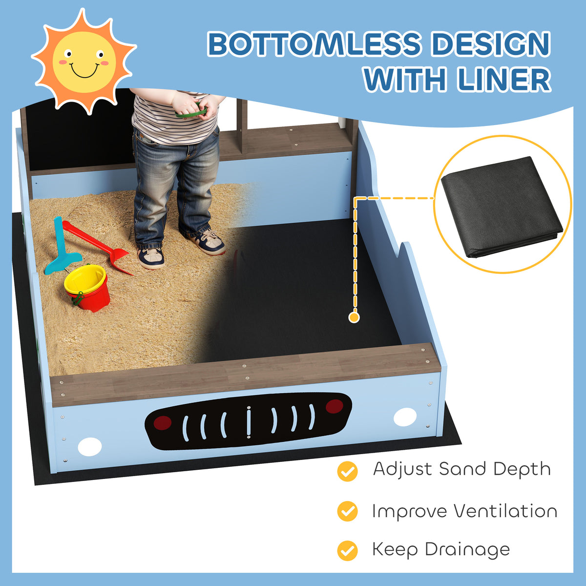 Kids Wooden Sandbox With Canopy With Bench Seats, Bottom Liner, Drawing
