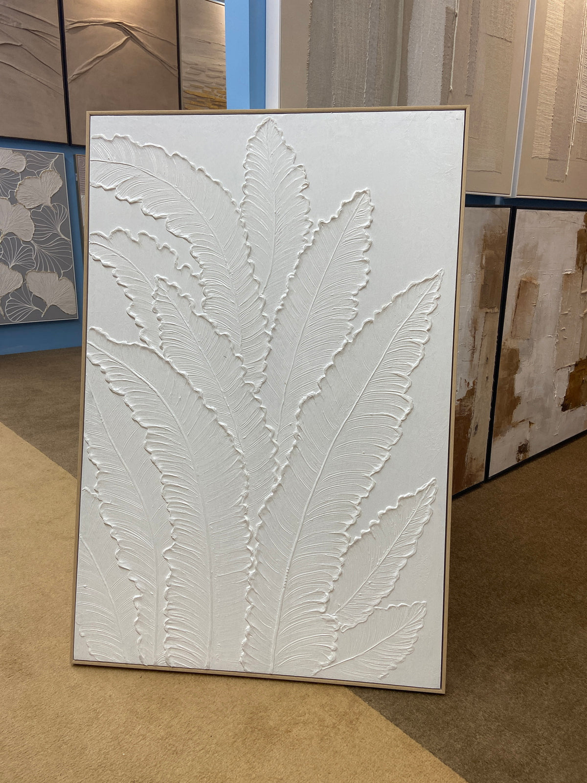 24x36 Framed Botanical Leaf Wall Art, Antique White Thick Textured