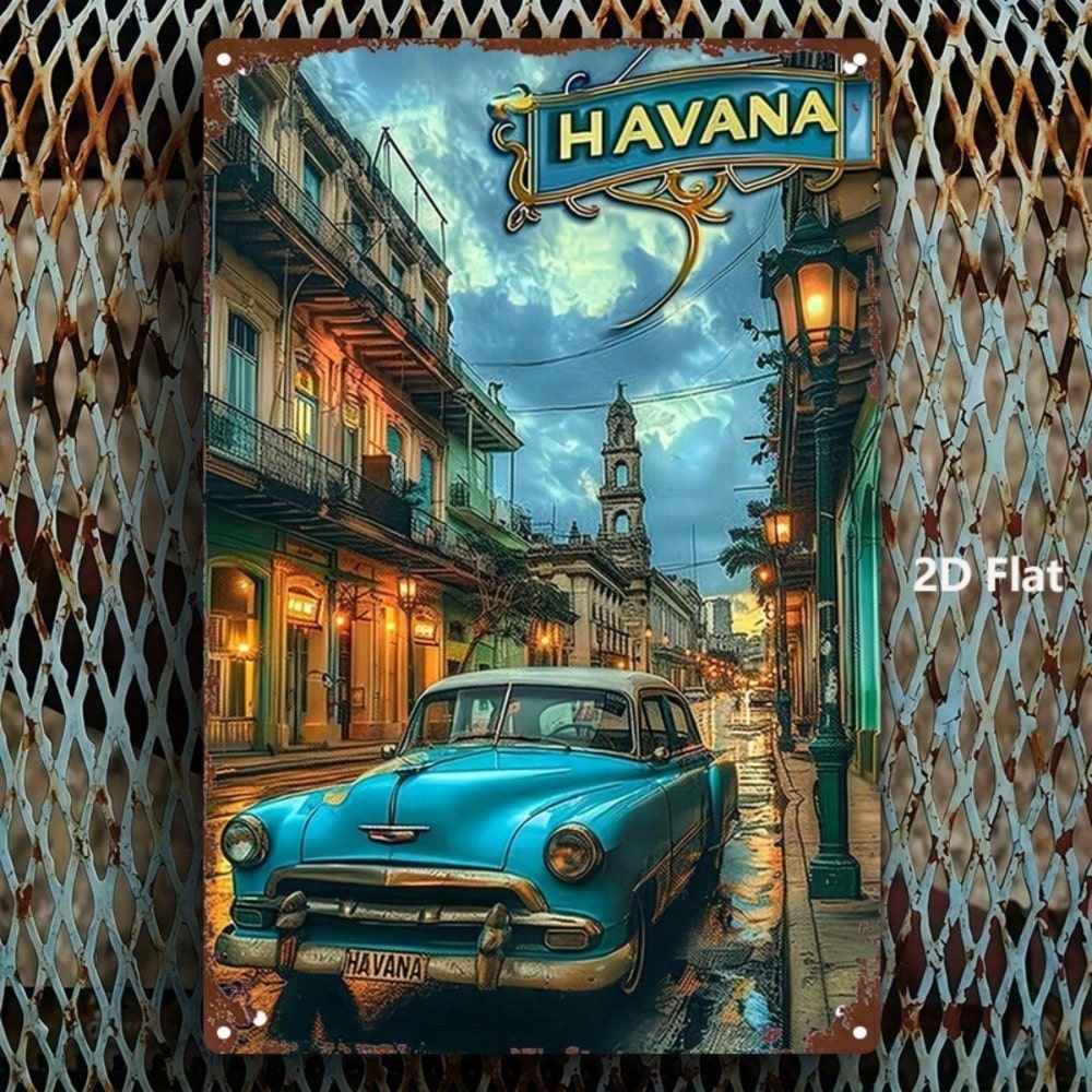 Vintage Blue Car Havana Street Scene Metal Sign, Retro Tin Wall Art 8x12
